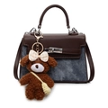 Korean style brown denim handbag with metal lock and cute brown plush bear keychain - Single Bag (Without Charm) / Blue