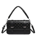 Classic black checkerboard pattern square bag with woven handle and silver metal buckle - Black