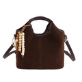 Dark brown suede tote bag with wooden bead charm and adjustable leather strap - With Pendant / Brown