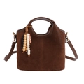 Vintage dark brown bucket bag in matte suede texture with wooden bead tassel and gold hardware - With Pendant / Brown