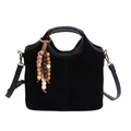 Vintage black suede tote bag with wooden bead charm and detachable leather shoulder strap - With Pendant / Black