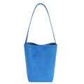 Blue matte suede bucket bag with thin shoulder strap and premium candy color finish - Blue