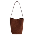 Deep brown matte suede bucket bag with a minimalist shoulder strap and retro design - Tan