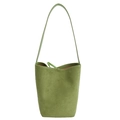 Grass green bucket bag with matte suede texture and slim shoulder strap design - Green