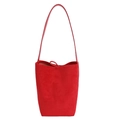 Minimalist red frosted suede bucket bag with slim shoulder strap and ring puller detail - Red