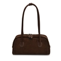 Bolso de ante marrón oscuro con correas de cuero y costuras en contraste para mujer - café