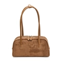 Retro camel suede Boston bag with smooth leather straps and white contrast stitching - Brown