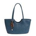 Sac cabas bleu tressé avec pompons décoratifs en perles de bois au look vintage - Bleu