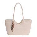 Sac fourre-tout tressé crème chic avec longues bretelles et breloque en perles bohème - Blanc Cassé