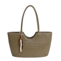 Sac fourre-tout tressé vert olive en cuir PU avec pompon décoratif en perles de bois - Vert
