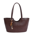 Dark brown woven tote bag featuring diamond pattern leather and beaded tassel charm - Brown