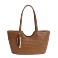 Brown woven tote bag with smooth faux leather texture and decorative beaded charm strap - Khaki
