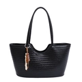 Retro black woven tote bag with colorful beaded charm and elegant semi-circular opening - Black