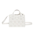 White rivet crossbody bag with lychee texture and floral pearl stud decorations - White