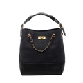 Black quilted bucket bag with golden chain strap and mechanical twist lock detail - Black
