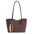 Sac fourre-tout tissé à la main marron foncé avec pendentif pompon perlé chic - Avec Pendentif / Marron
