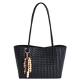 Grand sac fourre-tout noir tressé avec bandoulière et décoration de pompons en bois - Avec Pendentif / Noir