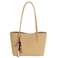 Sac fourre-tout beige tissé à la main avec pampille de perles colorées et fines bretelles - Avec Pendentif / Jaune