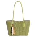 Grass green hand-woven tote bag with elegant wooden bead tassel detail and slim handles - Green