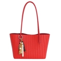 Red large woven tote bag with shoulder straps and decorative beads on white background - Red