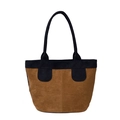 Bolso tote bicolor retro en ante marrón y cuero negro con gran capacidad interior - Marrón