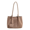 Bolso tote vintage marrón en ante con nudos decorativos y mini estuche de complemento - Caqui Oscuro