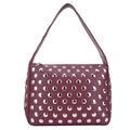 Burgundy studded shoulder bag with silver rivets and litchi texture on white background - Burgundy