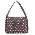 Retro dark brown studded leather baguette bag with silver rivets and shoulder strap - Brown