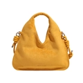Detalle del bolso de gamuza jengibre con apertura ondulada y anillos metálicos nudos - Amarillo