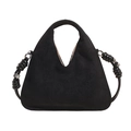 Minimalist black suede handbag with V-shaped opening and thick knotted shoulder strap - Black