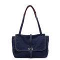 Bolso tote de mezclilla azul oscuro con costuras amarillas y correa de cuero marrón - Azul oscuro