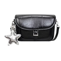 Glossy black PU leather crossbody bag with silver square buckle and star charm detail - With Pendant / Black
