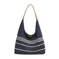 Bolso tote minimalista de lona negra con rayas blancas y asas de cuero marrón - Azul