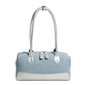 Bolso de hombro denim azul con ribete de cuero plateado y cierre de doble cremallera - Plateado