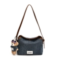 Bolso de mezclilla con ribetes de cuero marrón y colgante de oso en azul oscuro - Con Colgante / Marrón