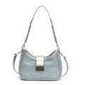 Borsa sottobraccio in denim azzurro con strass luccicanti e catena d'argento - Blu