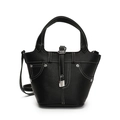 Sac seau en cuir noir à grain litchi avec surpiqûres contrastées et fermoir argenté - Noir