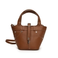 Secchiello in pelle marrone con cuciture bianche a contrasto e design vintage - Marrone