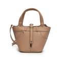 Borsa a secchiello marrone chiaro con grana litchi, cuciture a contrasto e lucchetto - Cachi