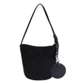 Minimalist black bucket bag in matte finish with long shoulder strap and round charm - Black