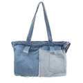 Retro-Denim-Tragetasche im Patchwork-Design mit Fransen und Schultergurten - Hellblau