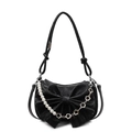 Bolso de hombro negro con lazo grande y cadena decorativa de perlas y flores - Negro