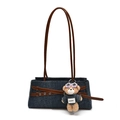 Borsa a spalla in denim patchwork con cinturini in pelle e ciondolo orsetto decorativo - Con Ciondolo / Marrone