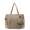 Khaki nylon tote bag with matching round coin purse and detachable wide strap - Dark Khaki