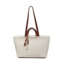 Minimalistische off-white canvas shopper met bruine leren riemen en houten kralen - Broken Wit
