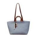 Grote blauwe canvas shopper met bruine leren handvatten en een houten kralenhanger - Blauw