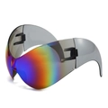 Futuristic oversized iridescent sports sunglasses with a wraparound cat-eye shield lens - Green Film