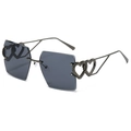 Frameless heart-shaped sunglasses with dark gray lenses and double heart metal temples - Gunmetal Frame Black Grey Lens
