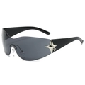 Y2K Wrap-Around-Sonnenbrille mit dunkelgrauen Gläsern und silbernen Sternakzenten auf schwarzem Rahmen - Schwarzer Rahmen Schwarz Graue Gläser