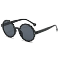 Kids round black floral scalloped edge sunglasses with retro aesthetic and UV protection - Black Frame Black Grey Lens